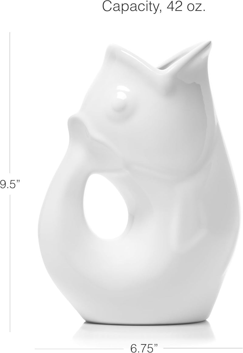 Gurgle Pot Fish Pitcher Combo Gift Set, Large 42oz Pitcher, Matching Salt & Pepper Shakers with Kitchen Towels. Decorative Pitcher That “Gurgles” When You Pour (Red Striped Towels) - Image 3